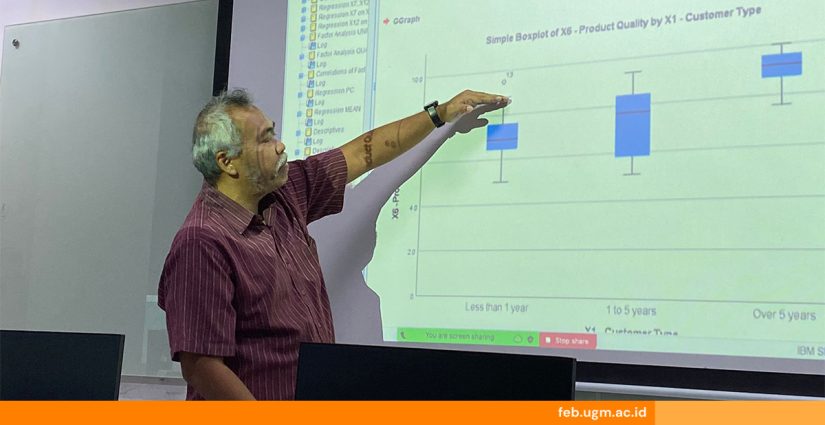 Dr. Kusdhianto Setiawan memberikan pemaparan tentang data cleaning dan metode statistik dalam workshop riset perilaku di FEB UGM.