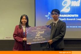 Ali Alexander dan Elsa Firlyani, mahasiswa UGM, meraih Juara 2 Equity Research BSQ 2025 di Binus Alam Sutera, berpose usai final kompetisi riset saham.