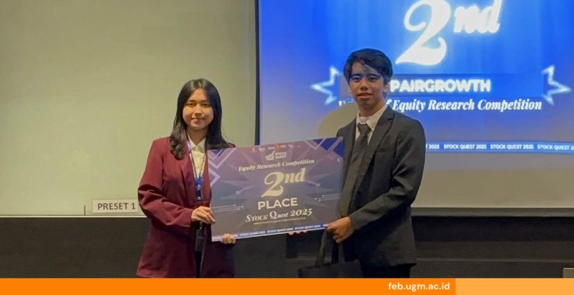Ali Alexander dan Elsa Firlyani, mahasiswa UGM, meraih Juara 2 Equity Research BSQ 2025 di Binus Alam Sutera, berpose usai final kompetisi riset saham.